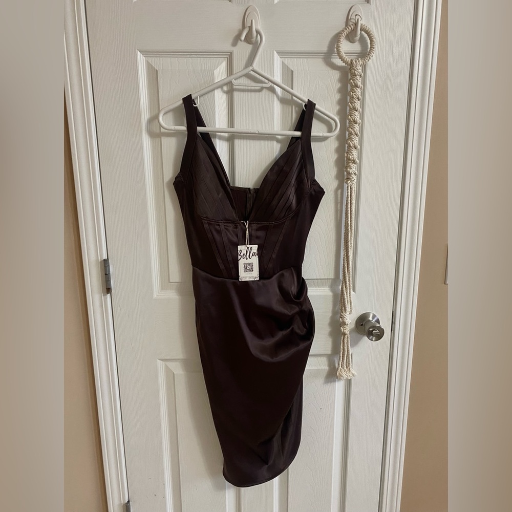 Bella Barnet Aysemetrical Chocolate Brown Mini Dress
